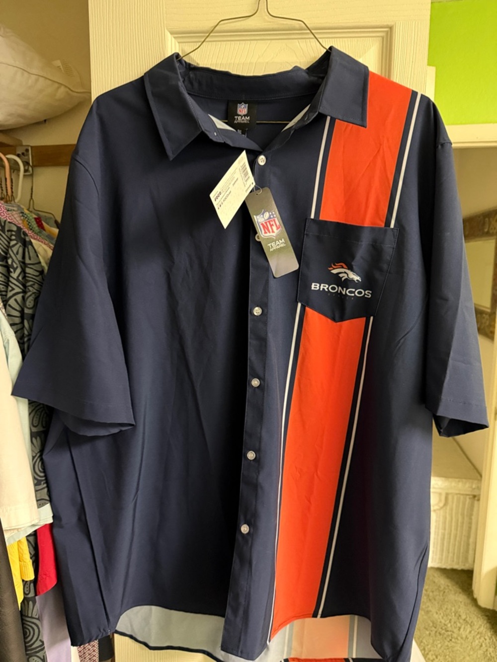 NFL Denver Broncos Navy and Orange Short Sleeve Button-Down Shirt